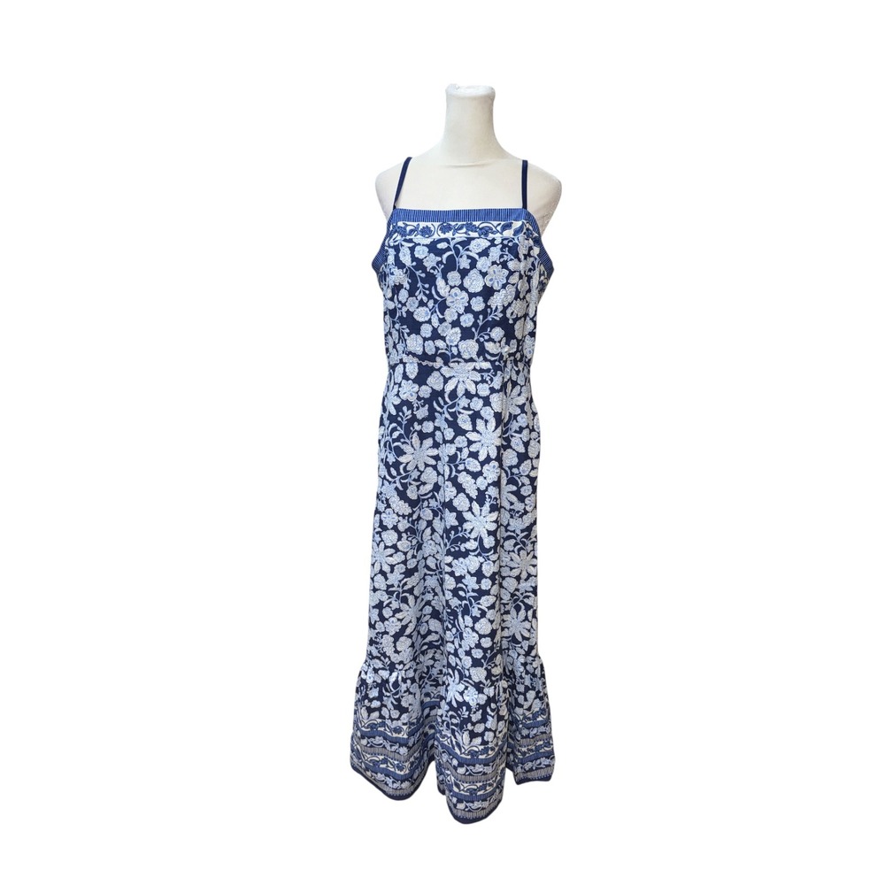 Taylor Navy White Floral Cotton Maxi Dress Womens 14 Tiered Spaghetti Strap